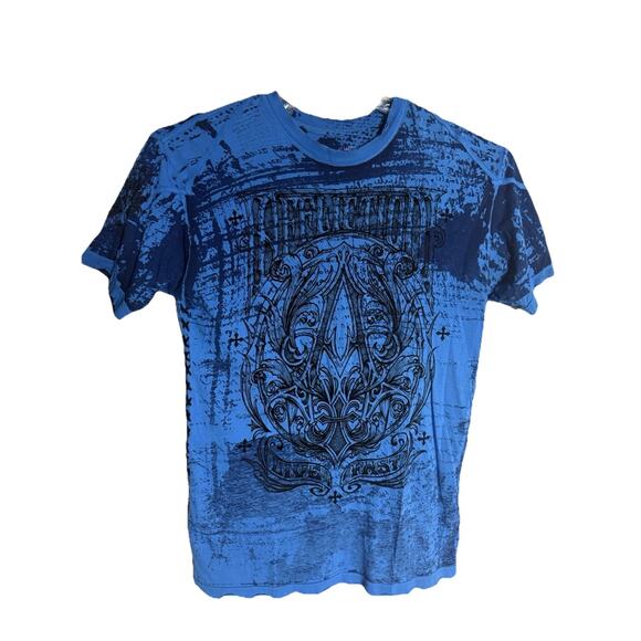 AFFLICTION Vtg Y2K BlueShirt Cross Wings Live Fast Sz. Large Jesse Pinkman, EUC - Picture 1 of 9